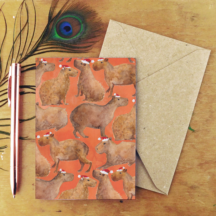 Chill of Christmas Capybaras Print Greetings Card