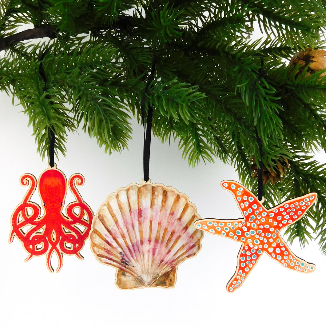 Set of Three Seaside Wooden Hanging Decorations